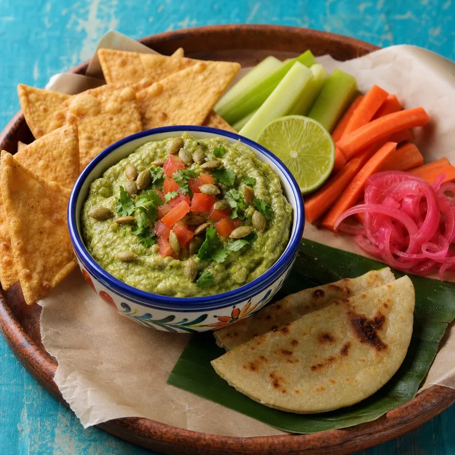 Yucatecan Sikil Pak Pumpkin Seed Dip Platters, finished dish