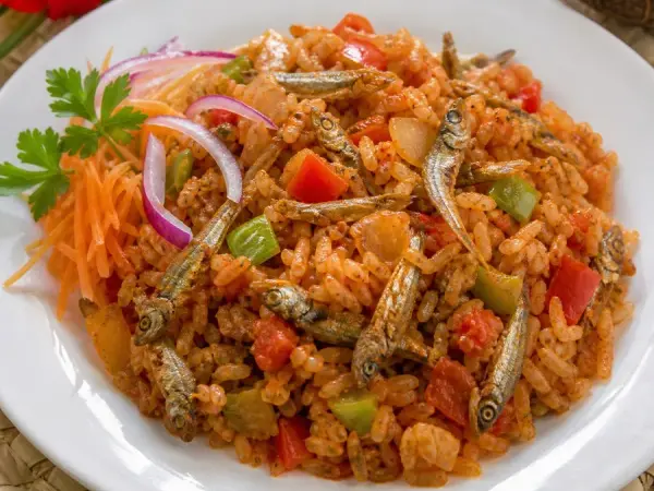 Zambian Kapenta Tomato Rice, plated as a finished dinner