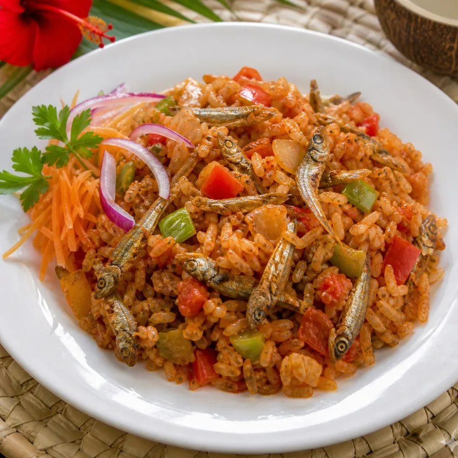 Zambian Kapenta Tomato Rice, plated as a finished dinner