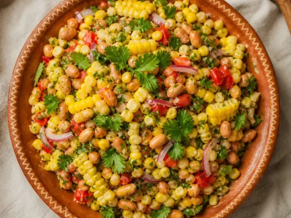 Zimbabwean Maputi Peanut Corn Salad, plated as a finished dinner