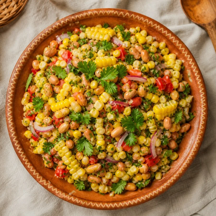 Zimbabwean Maputi Peanut Corn Salad, plated as a finished dinner