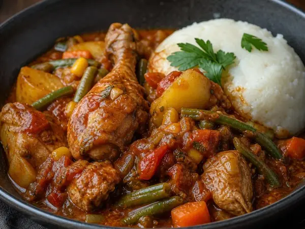 Zimbabwean Road Runner Chicken Stew, plated as a finished dinner