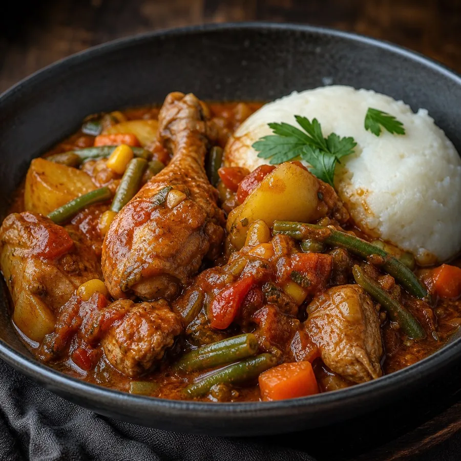 Zimbabwean Road Runner Chicken Stew, plated as a finished dinner